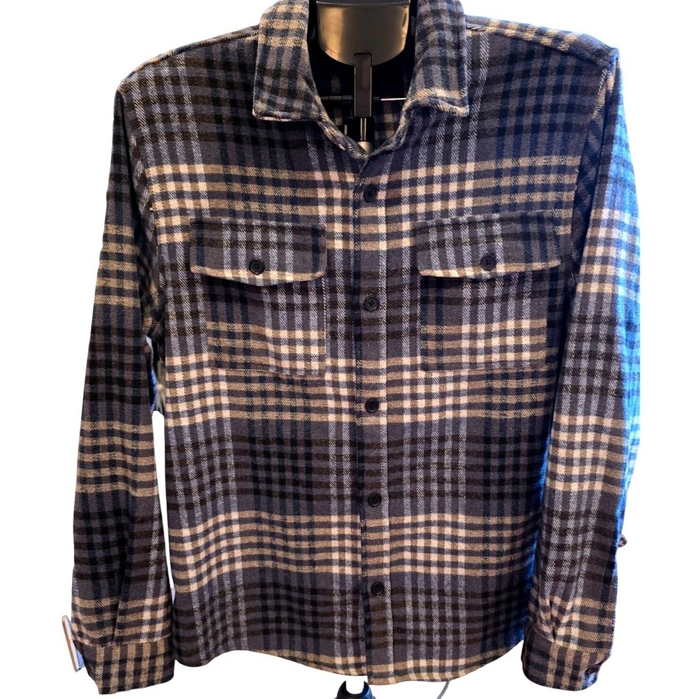 Magaschoni‎ Men's Plaid Flannel Shacket Size M Blue Gray Wool Blend Shirt Jacket